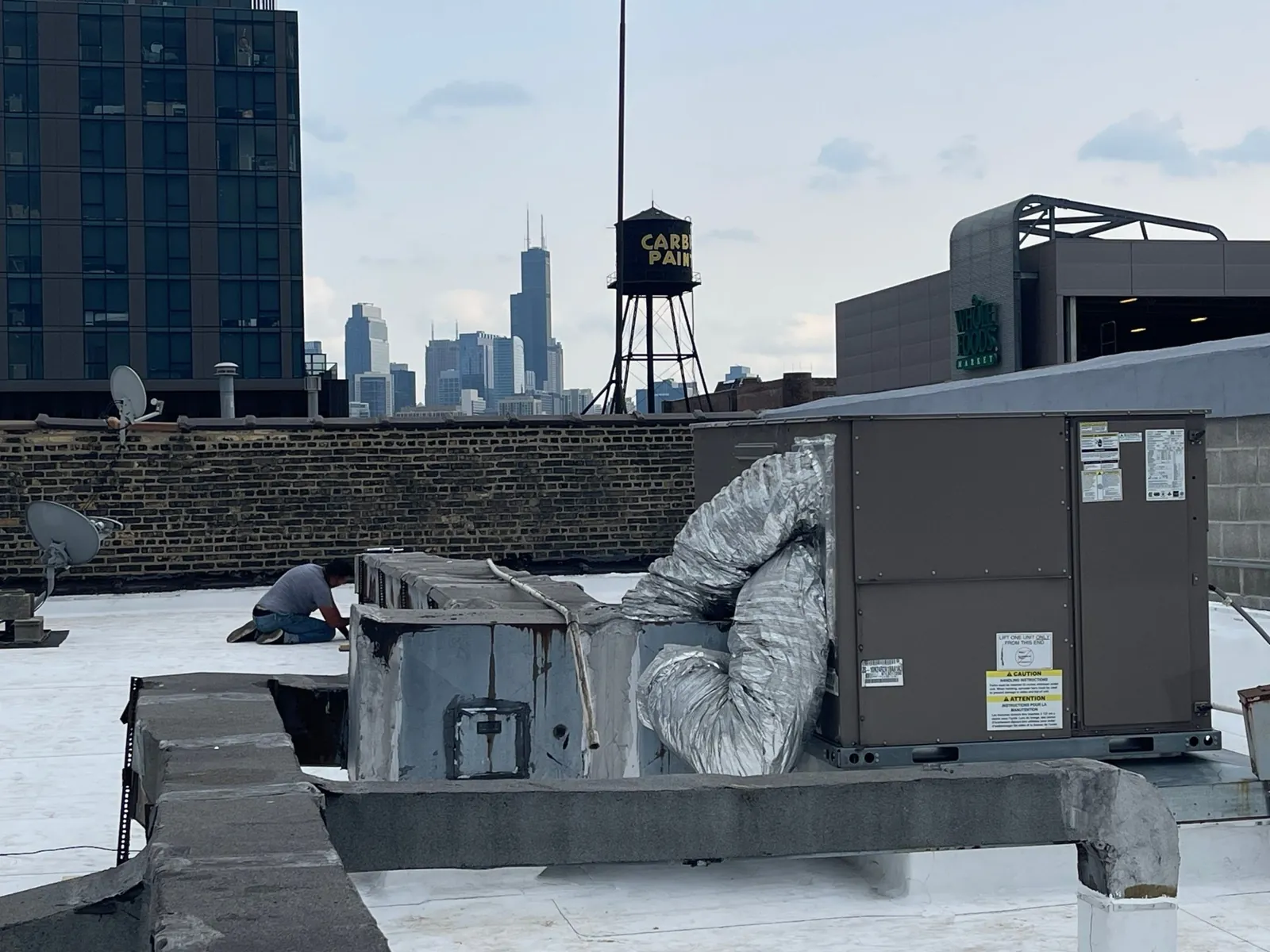 Completed GAF TPO roof at Rick's Cabaret with the Chicago skyline behind it